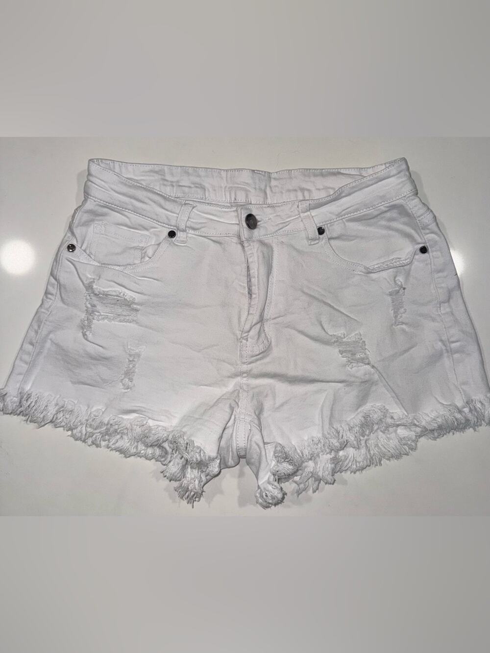 Amazon White Distressed Frayed Hem Denim Shorts
